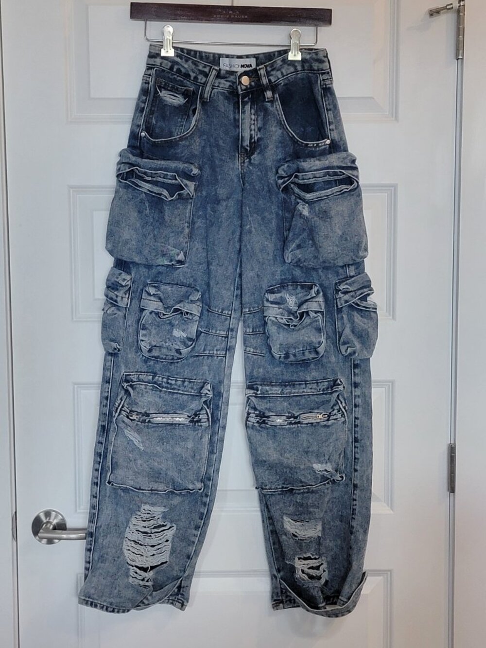 Fashion Nova Wide Leg Cargo Jeans Blue Baggy Skater Grunge Destroy Pockets Sz 0